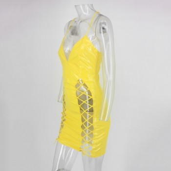 EvaQueen Sexy PU Leather Dress Women Summer Party Bandage Dress Yellow Spaghetti Strap Mini Bodycon Dress Elegant Vestidos 2018